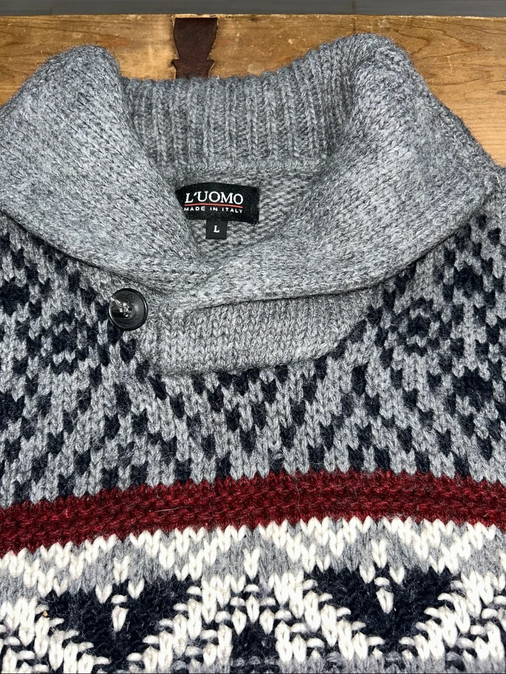 L’Uomo Made in Italy Men’s Fair Isle Shawl Collar Wool Blend Sweater Size Large